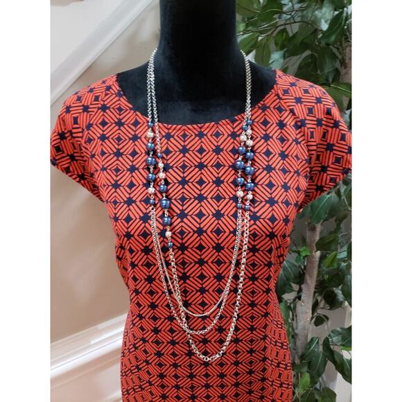 Merona Women Orange & Blue Polyester Round Neck Short Sleeve Knee Length Dress M - Picture 2 of 11